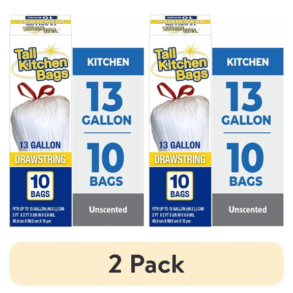 (2 pack) Basic Kitchen Trash Bags, 13 Gallon, 10 Bags (Drawstring)
