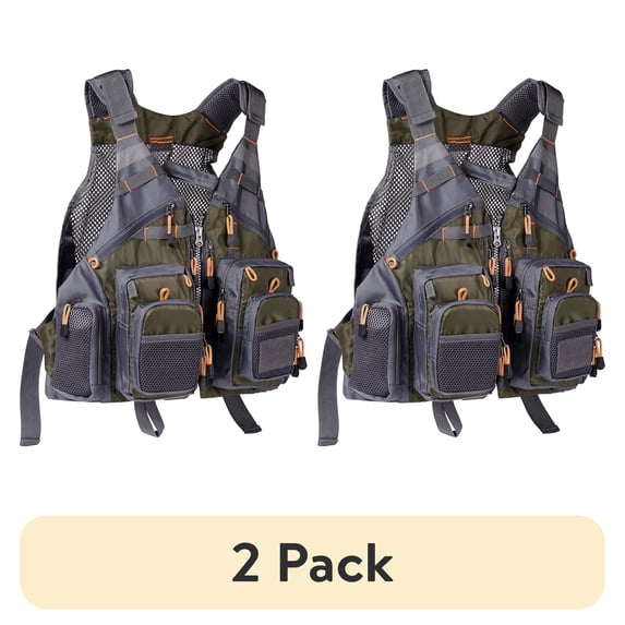 (2 pack) Bassdash Unisex Fishing Vest, One Size, Green, Mesh, Outdoor, Adjustable, 18 Pockets