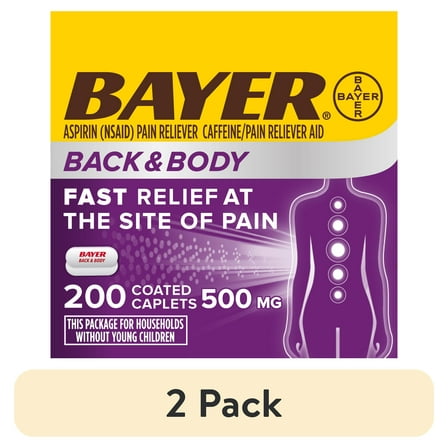 (2 pack) Bayer Back and Body Extra Strength Aspirin 500 mg, Pain Reliever With Caffeine, 200 Coated Caplets