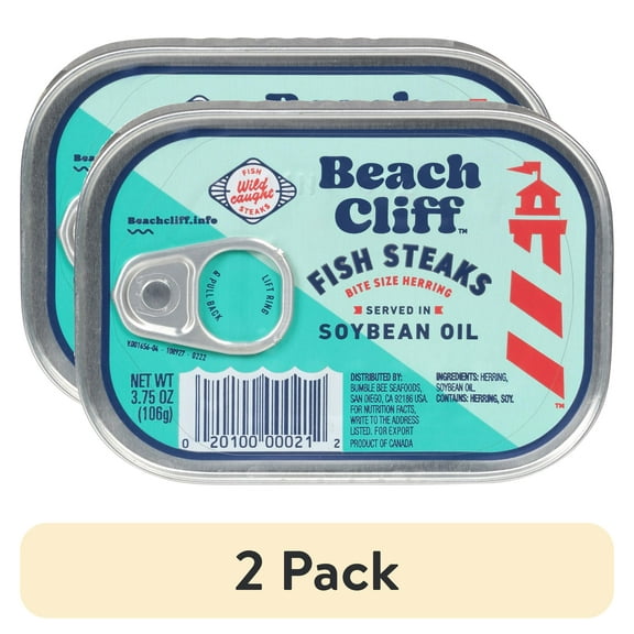 (2 pack) Beach Cliff Wild Caught Fish Steaks in Soybean Oil, Gluten Free, 17g Protein Per Serving, Bite Sized Herring, Shelf Stable Tin Can, 3.75 oz