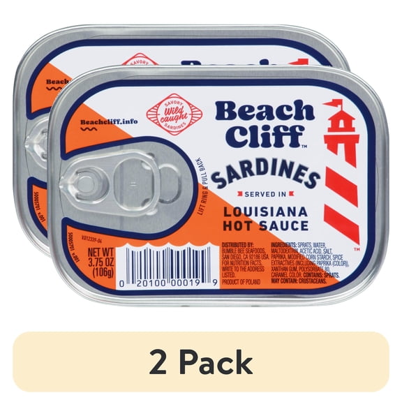 (2 pack) Beach Cliff Wild Caught Sardines in Louisiana Hot Sauce, 3.75 oz Can