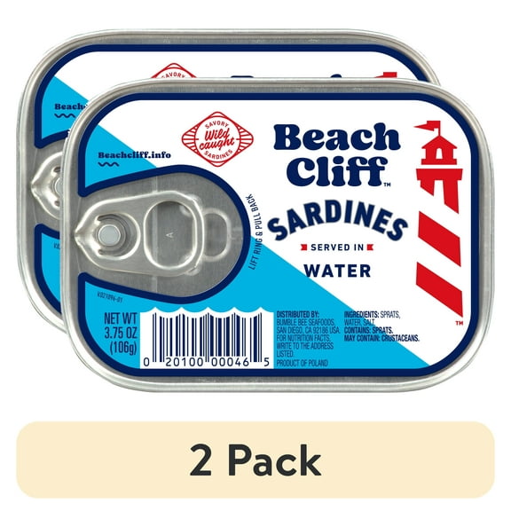 (2 pack) Beach Cliff Wild Caught Sardines in Water, Gluten Free, 12g Protein Per Serving, Shelf Stable Tin Can, 3.75oz