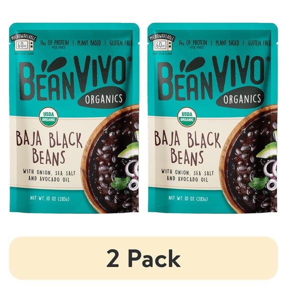 (2 pack) BeanVIVO Organics Baja Black Beans, Plant Based Protein, Microwavable, Gluten-Free, 10 oz Pouch