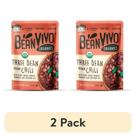 (2 pack) BeanVIVO Organics Three Bean Vegan Chili - Good Source of Fiber - Nutritious & Microwave Meals - Gluten-Free Plant Food - 10 oz Pouch