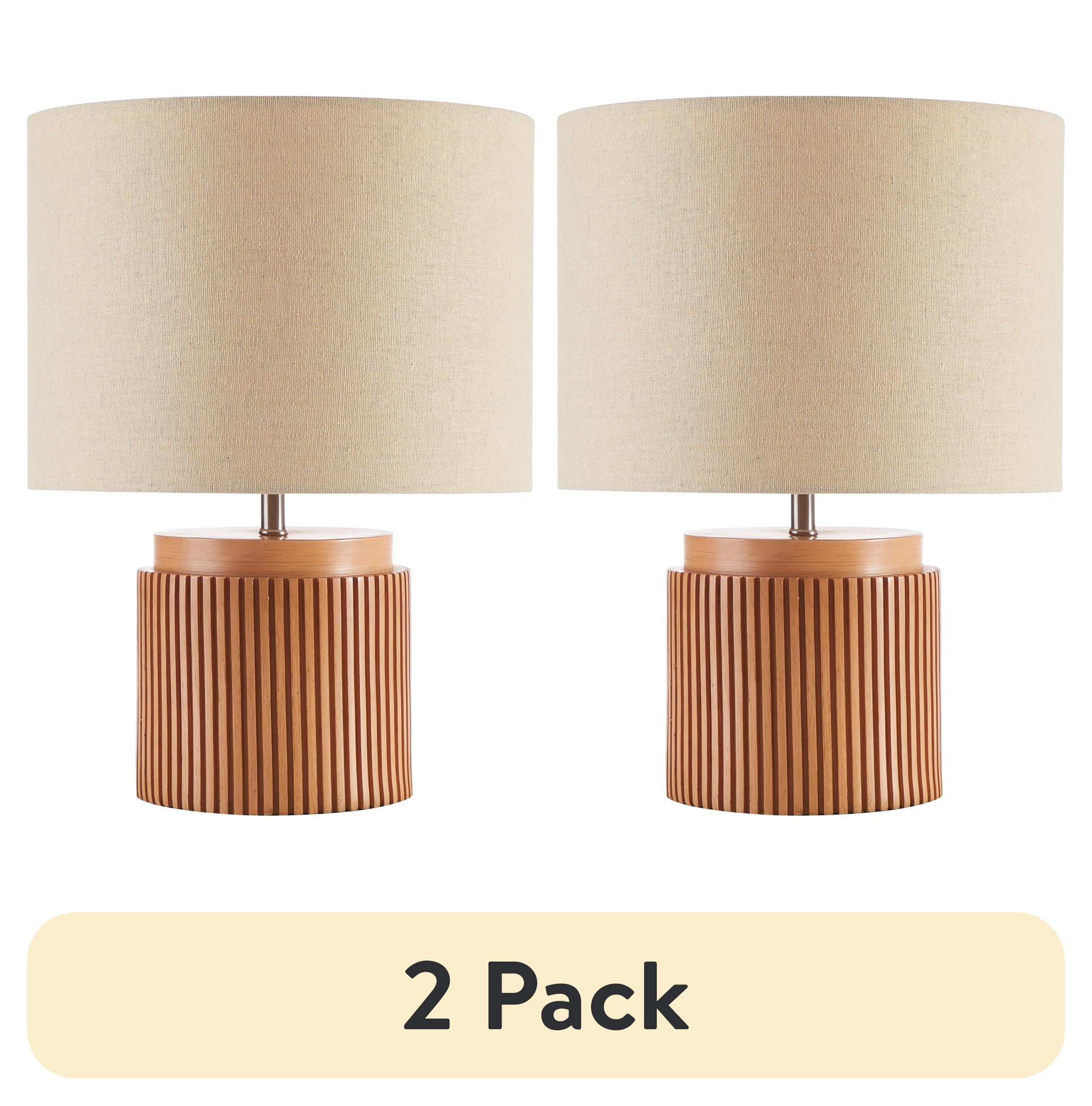 (2 pack) Beautiful 10.25" x 10.25" x 14" Brown Faux Ribbed Wood Table Lamp by Drew Barrymore
