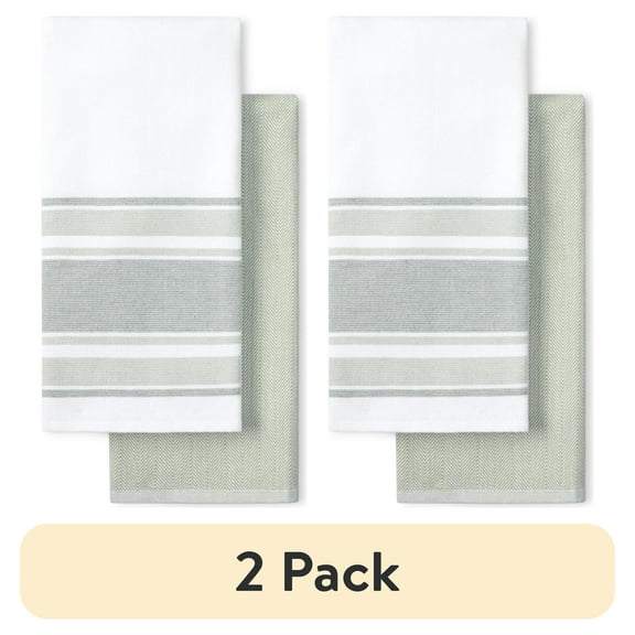(2 pack) Beautiful Home by Drew Barrymore 2-Piece Yarn Dyed Kitchen Towel Set, Sage Green, 20"W x 30"L
