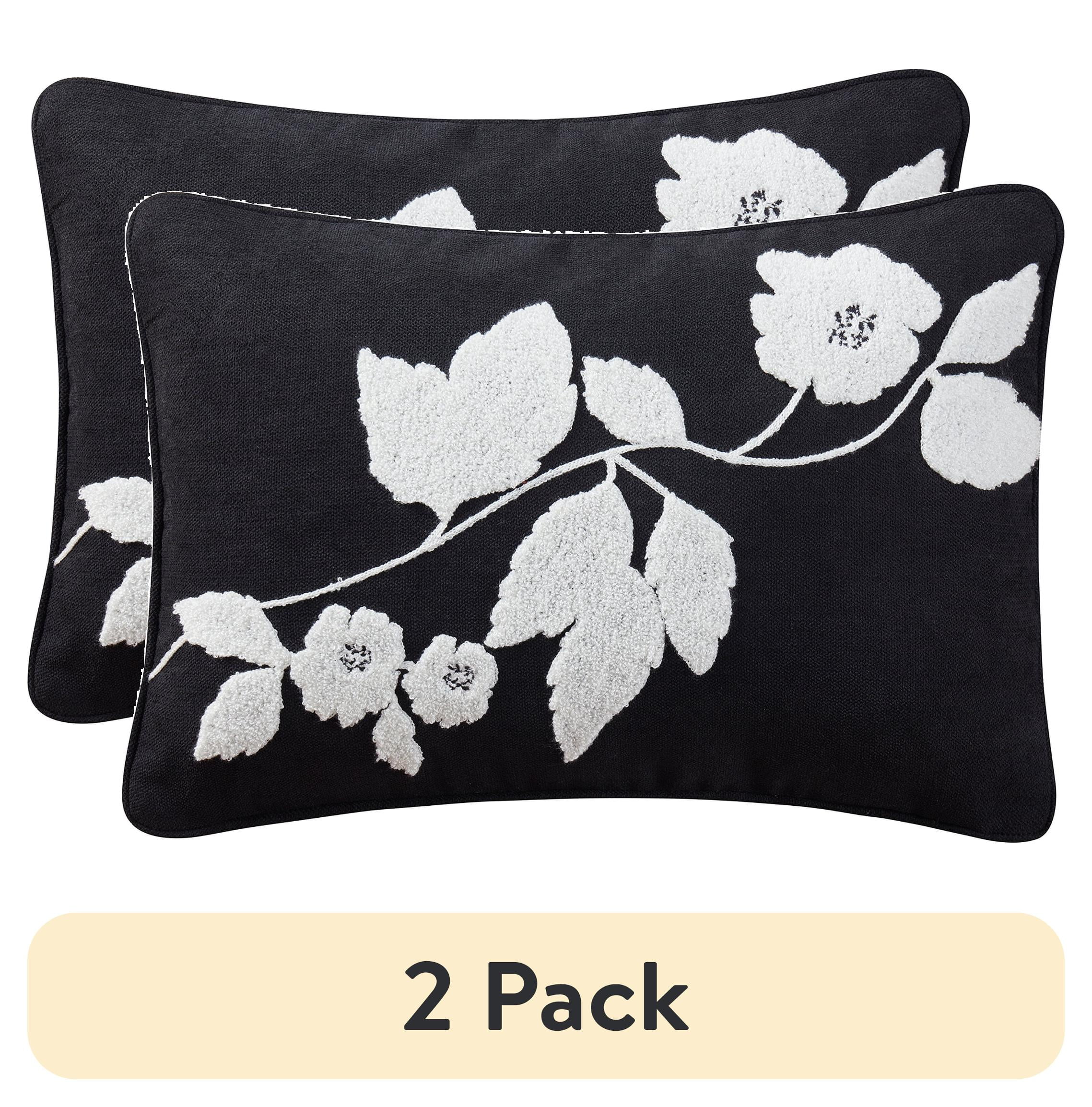 (2 pack) Beautiful Boucle Embroidered Chenille Floral Decorative Pillow by Drew Barrymore, 14" x 20", Black/White