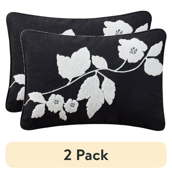 (2 pack) Beautiful Boucle Embroidered Chenille Floral Decorative Pillow by Drew Barrymore, 14" x 20", Black/White