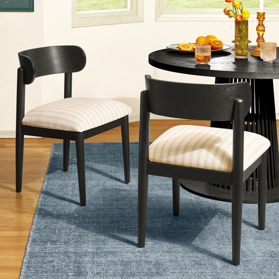 (2 pack) Beautiful Drew Dining Room Chairs by Drew Barrymore, Rich Black with Striped Fabric, Set of 2