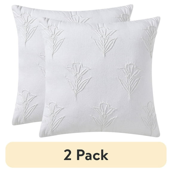 (2 pack) Beautiful Floral Pleated Cotton Decorative Pillow by Drew Barrymore, 20" x 20", White