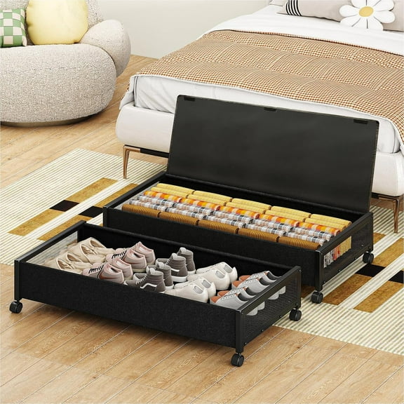 2 Pack Under the Bed Storage Containers,36 inch Long Underbed Storage with Wheels,7.3 inch Height Under Bed Shoe Storage,Large Rolling under bed Clothes Storage Drawers with Lid for Dorm,Black