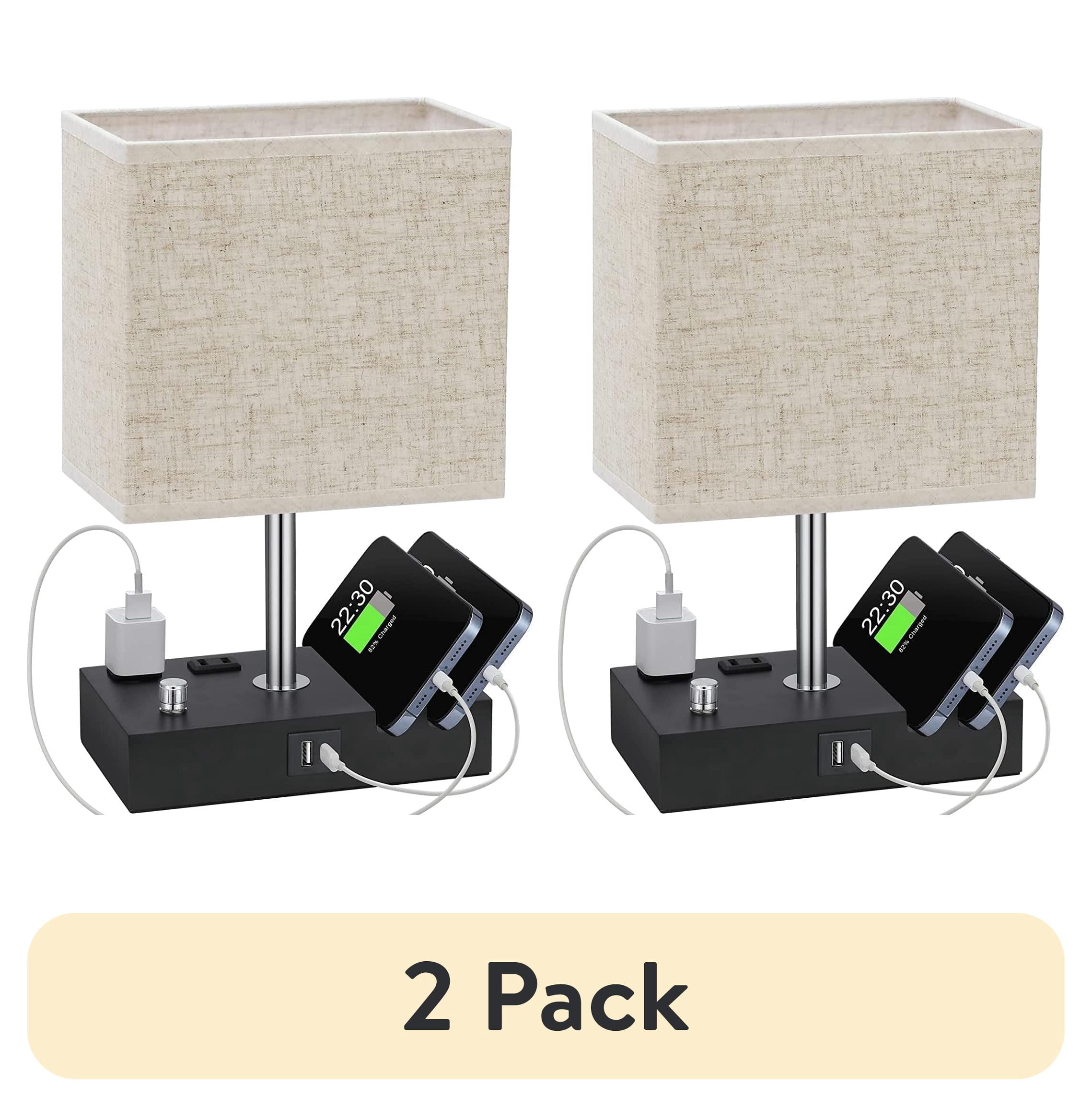 (2 pack) GPED Bedside Table Lamp for Bedroom with Dual Fast USB Charging Ports, Fully Dimmable Nightstand Lamps with 2 Phone Stands and 2 Charging Outlets, Desk lamp with Fabric Shade for Living Room