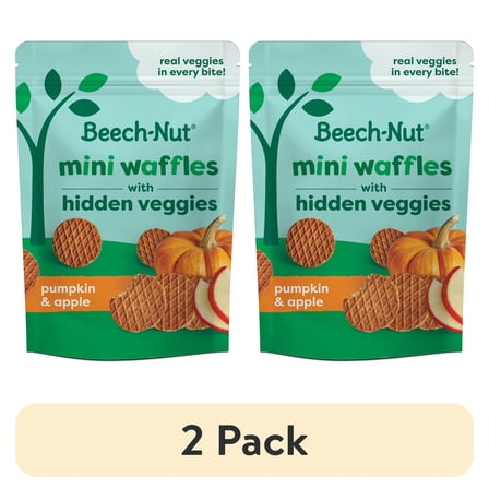 (2 pack) Beech-Nut Mini Waffles with Hidden Veggies Toddler Snack, Pumpkin Apple, 3.2 oz Bag