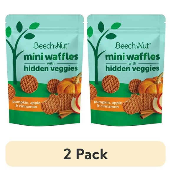 (2 pack) Beech-Nut Mini Waffles Pumpkin Apple & Cinnamon Hidden Veggies Toddler Snack, 3.2 oz Bag