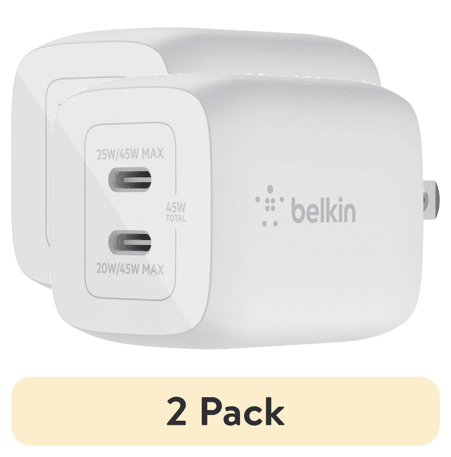 (2 pack) Belkin 45W Dual USB-C Wall Charger, Fast Charging Power Delivery 3.0 w/ GaN Technology for iPad, iPad Pro, MacBook, Galaxy S23, & More - White (WCY012dqWH-RF)