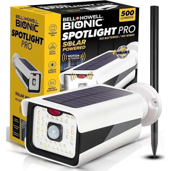 (2 pack) Bell + Howell Bionic Spotlight PRO Solar Spot Lights Outdoor Waterproof Motion Sensor Security Lights w/ Built-in Decoy Camera, AdjustableFlood Lights, Stake/Wall Mount, Premium ETFE Solar Panel