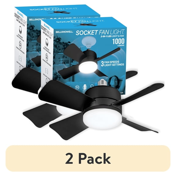 (2 pack) Bell+Howell Socket Breeze Socket Fan Light with Remote, Portable Small Ceiling Fans with Lights for Bedroom, Kitchen, Living Room, Ceiling Fan with Light 3500K, 1000 Lumens, Screws into E26/E27