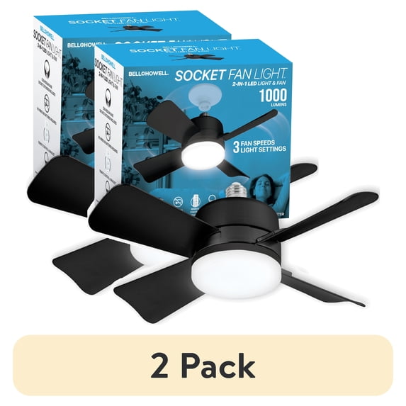 (2 pack) Bell+Howell Socket Breeze Socket Fan Light with Remote, Portable Small Ceiling Fans with Lights for Bedroom, Kitchen, Living Room, Ceiling Fan with Light 3500K, 1000 Lumens, Screws into E26/E27