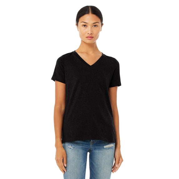 (2 pack) Bella & Canvas B83006514 Women Relaxed Heather CVC V-Neck T-Shirt, Solid Black Blend - Medium