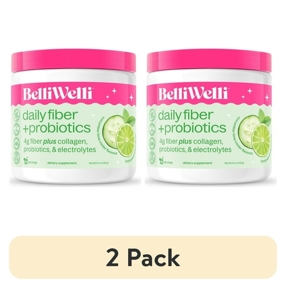 (2 pack) BelliWelli Daily Fiber Supplement with Probiotics, Electrolytes, and Collagen - Cucumber Lime Cooler, 6.4 oz