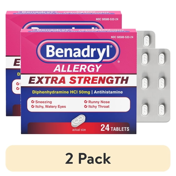 (2 pack) Benadryl Extra Strength Relief Allergy Tablets, 50 mg Diphenhydramine HCl, 24 Count
