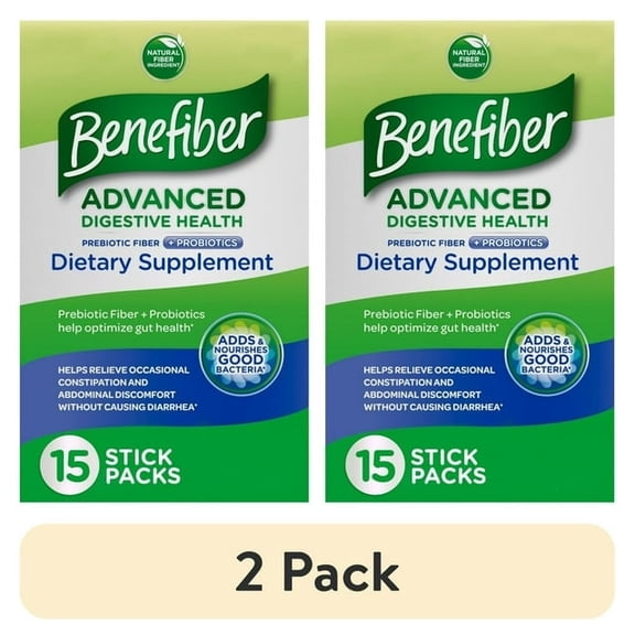 (2 pack) Benefiber Advanced Digestive Health Prebiotic Fiber Supplement Powder With Probiotics for Digestive Health, Low FODMAP - 15 Sticks (3.0 Ounces)