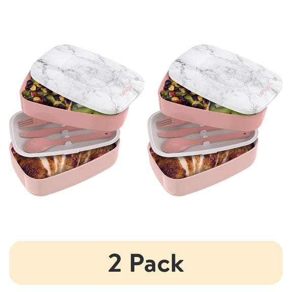 Bentgo Classic - All-in-One Stackable Bento Lunch Box Container - Modern Bento-Style Design Includes 2 Stackable Containers, Built-in Plastic Utensil Set, and Nylon Sealing Strap (Blush Marble)