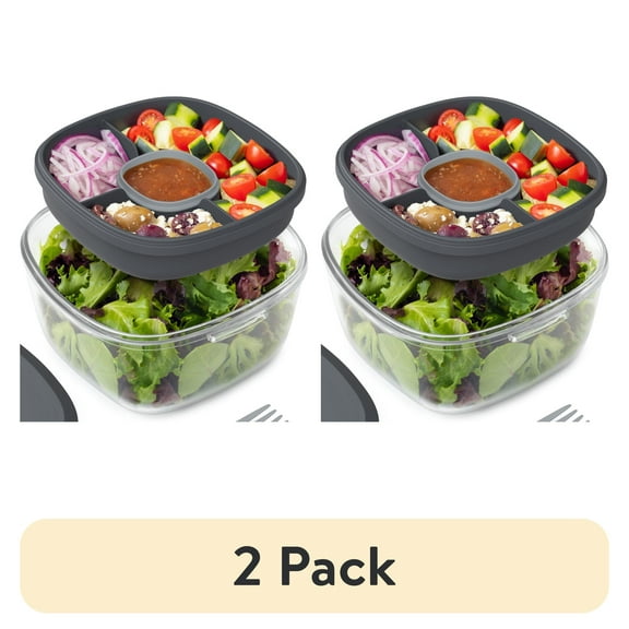 (2 pack) Bentgo All-in-One Glass Salad Container 5-Compartment Dark Gray 61 oz or 7.6Cups. (BGLASSAL-DG), Designed to Help with Packed Lunches and Daily Commutes