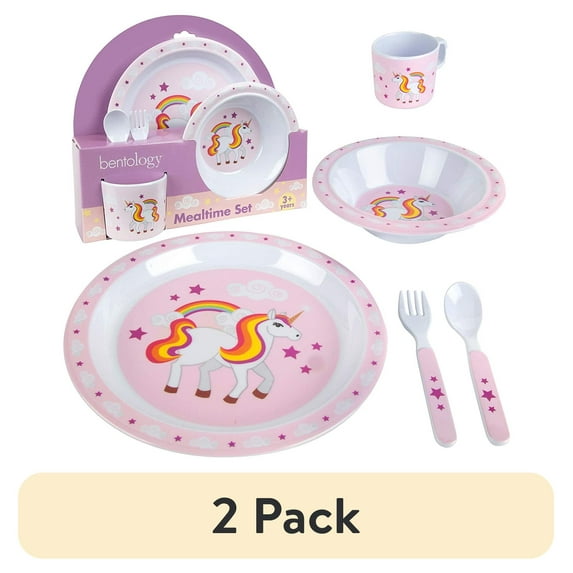 (2 pack) Bentology 5 Piece Mealtime Baby Feeding Set for Kids and Toddlers - Includes Plate, Bowl, Cup, Fork and Spoon Utensil Flatware - Durable, Dishwasher Safe, BPA Free - Unicorn