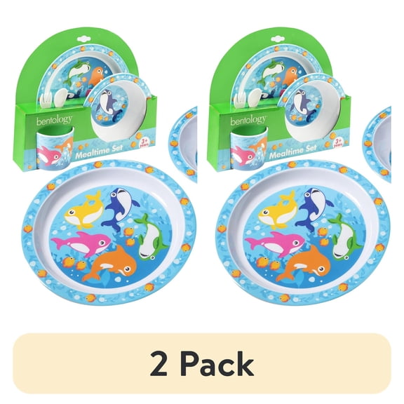 (2 pack) Bentology 5 Piece Mealtime Feeding Set for Kids and Toddlers - Shark - Includes Plate, Bowl, Cup, Fork and Spoon Utensil Flatware - Durable, Dishwasher Safe, BPA Free