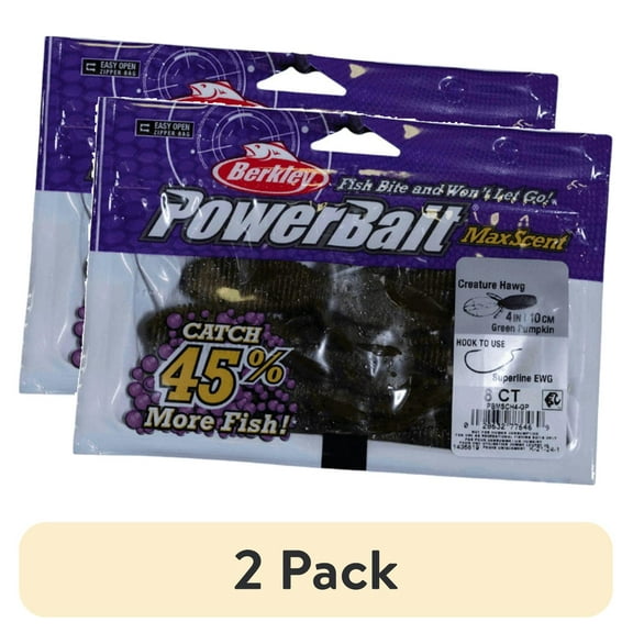 (2 pack) Berkley PowerBait MaxScent Creature Hawg Fishing Soft Bait, Green Pumpkin