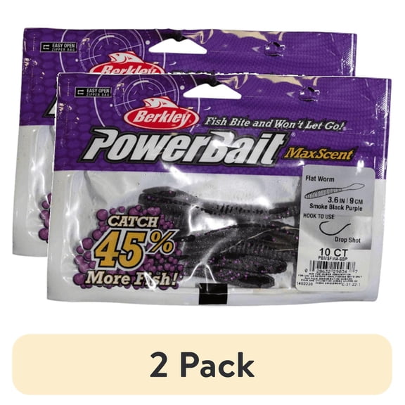 (2 pack) Berkley PowerBait MaxScent Flat Worm Finesse Fishing Bait, Smoke Black Purple, 3.6in | 9cm, Irresistible Scent & Flavor, Versatile Profile, Ideal for Drop Shot Presentation