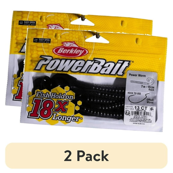 (2 pack) Berkley PowerBait® Power Worm Fishing Bait, Black, 7in