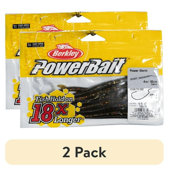 (2 pack) Berkley PowerBait® Power Worm Fishing Bait, Camo, 4in