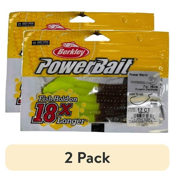 (2 pack) Berkley PowerBait® Power Worm Fishing Bait, Pumpkin Chartreuse, 7in