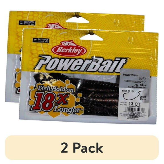 (2 pack) Berkley PowerBait® Power Worm Fishing Bait, Red Shad Green Glitter, 7in
