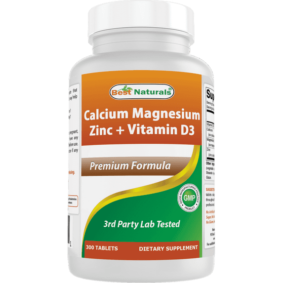 (2 pack) Best Naturals Calcium Magnesium Zinc with Vitamin D3, 300 Tablets - Calcium 1000 mg, Magnesium 400 mg, Zinc 25 mg & D3 600 IU per Serving (3 Tablets)