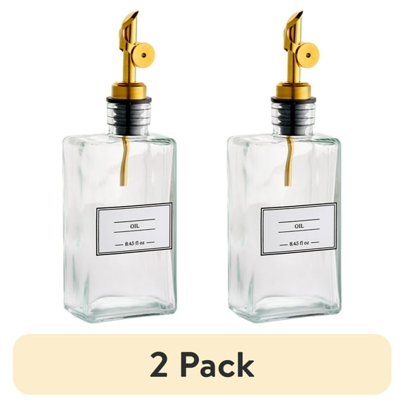 (2 pack) Better Home & Gardens 8.45 oz Unfilled Glass Oil Cruet Bottle with Gold Spout, A Practical Choice for Seasoning Storage and Serving