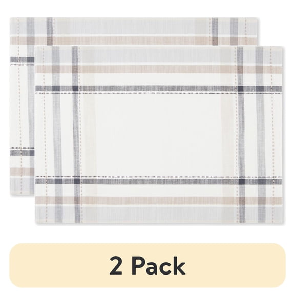(2 pack) Better Homes & Garden Monday Plaid Fabric Placemat, Beige, 14"W x 20"L, 1 Piece