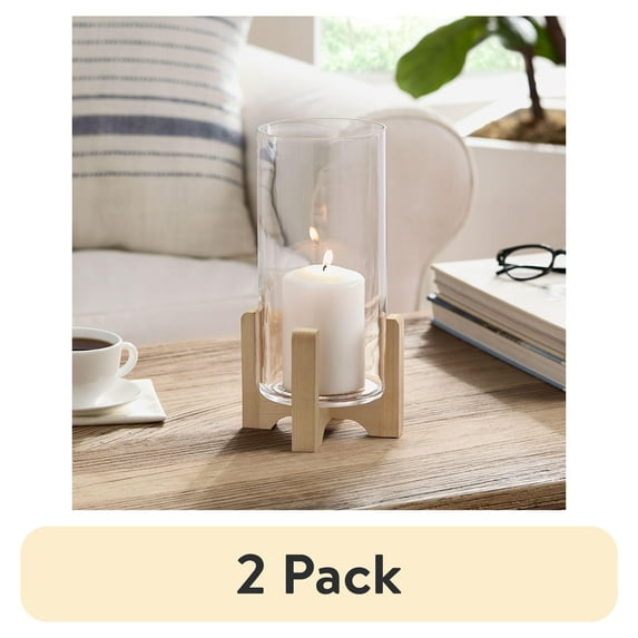 (2 pack) Better Homes & Gardens Glass Hurricane Candle Holder with Wood Stand, 11.5", Large