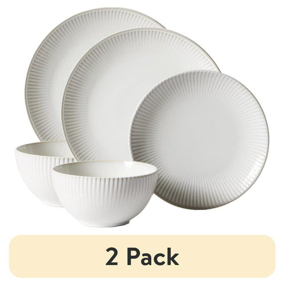(2 pack) Better Homes & Gardens Sawyer 12-Piece Stoneware Dinnerware Set Cream
