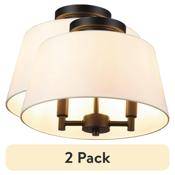 (2 pack) Better Homes & Gardens 2-Light Matte Black Indoor Flush Mount Light, Fabric Shade, Bulbs Included