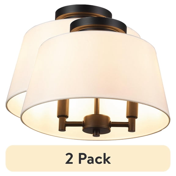 (2 pack) (2 pack) Better Homes & Gardens Meadowood 2-Light Matte Black Indoor Flush Mount Light with White Fabric Shade, Bulbs Included