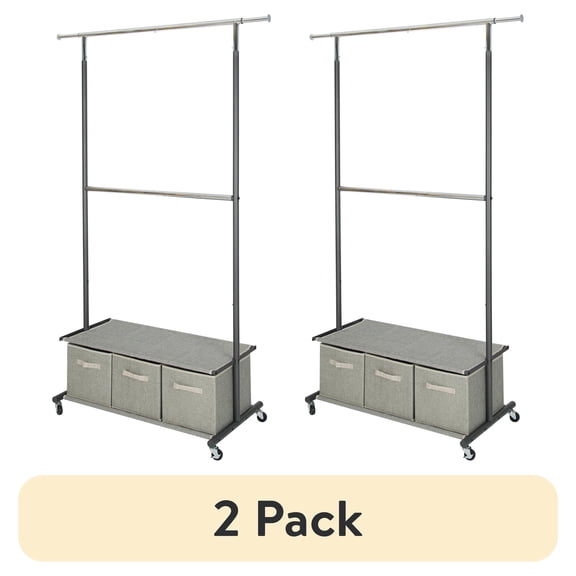 (2 pack) Better Homes & Gardens 2-Tier Metal Rolling Garment Rack with 3 Drawer Closet Organizer, Gray