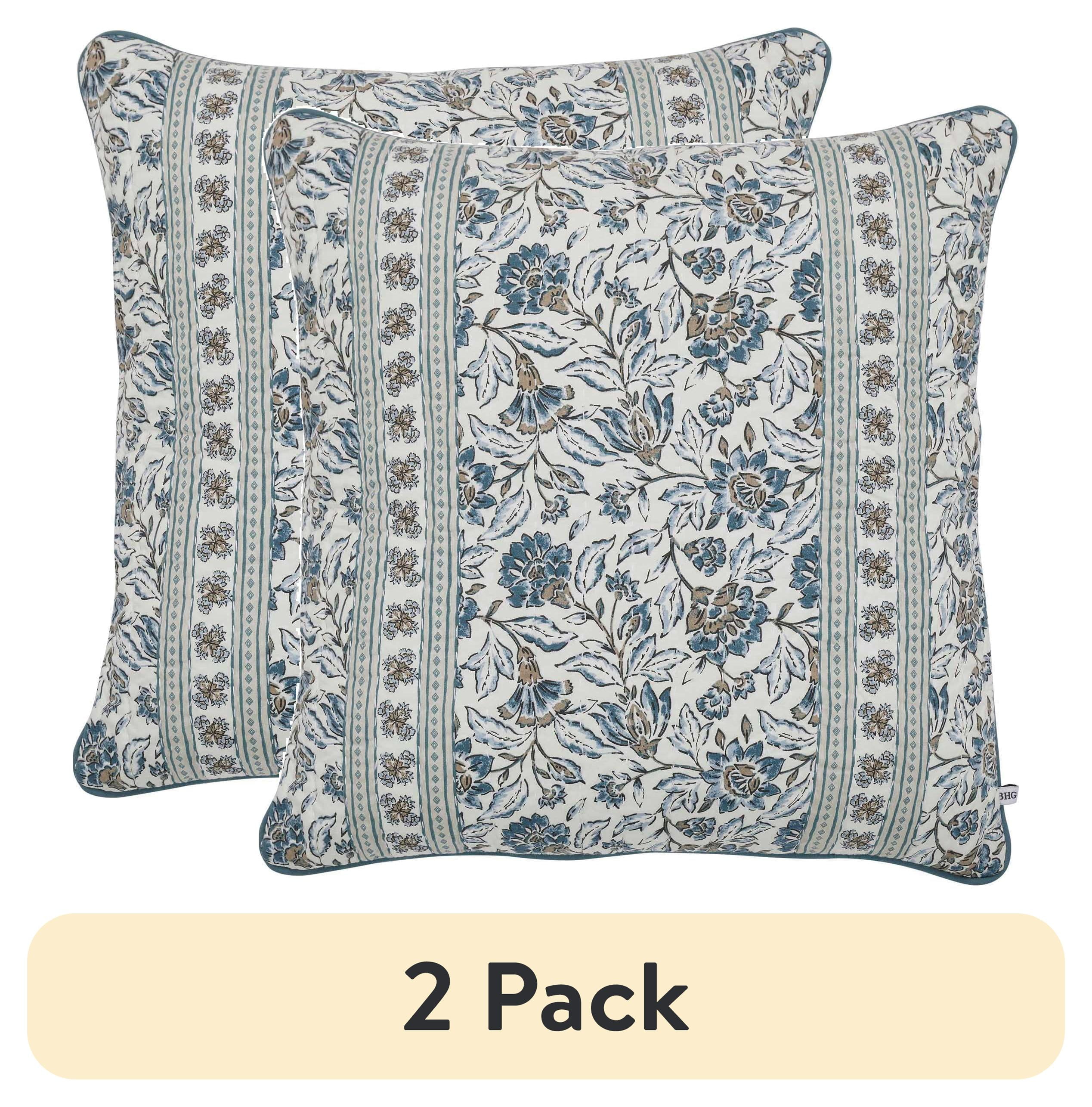 (2 pack) Better Homes & Gardens 20" x 20" Blue Block Print Floral Reversible Cotton Decorative Pillow - Walmart.com