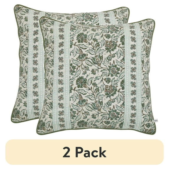 (2 pack) Better Homes & Gardens 20" x 20" Sage Green Block Print Floral Reversible Cotton Decorative Pillow