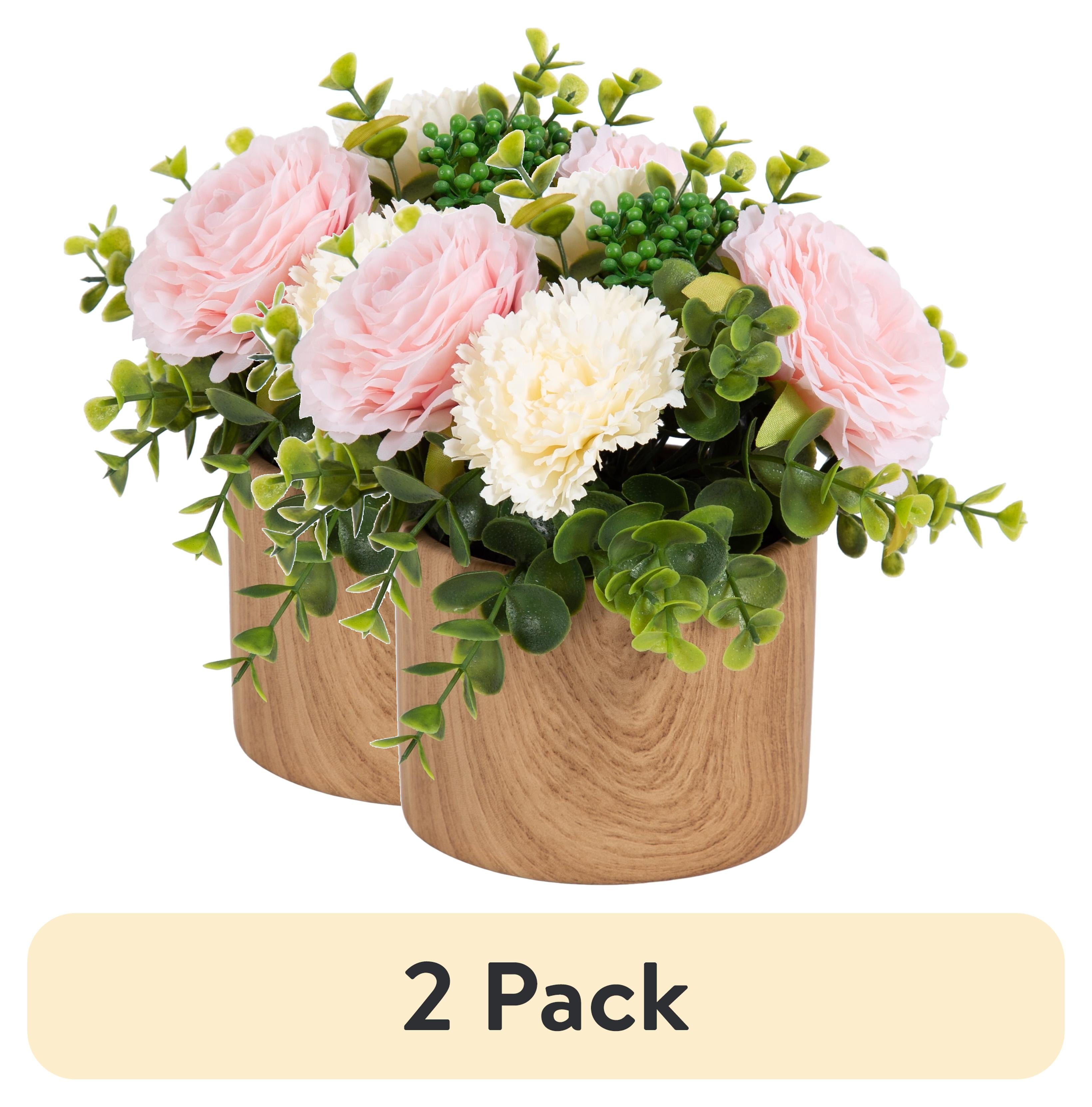 (2 pack) Better Homes & Gardens 4.5” Artificial Floral in Wood Grain Ceramic Container