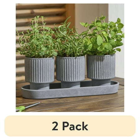 (2 pack) Better Homes & Gardens 4-Piece Ceramic Herb Planter, Gray