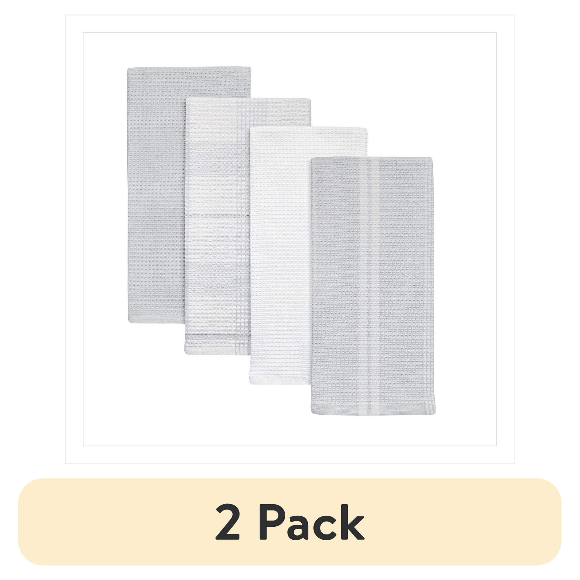 (2 pack) Better Homes & Gardens 4 Piece Waffle Kitchen Towel, Soft Silver