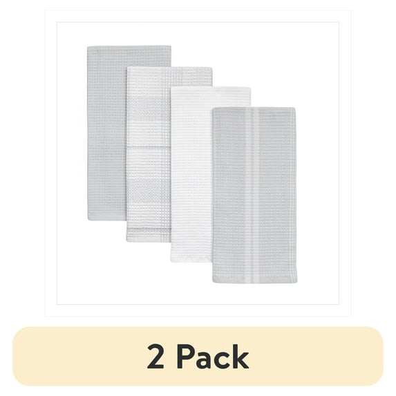 (2 pack) Better Homes & Gardens 4 Piece Waffle Kitchen Towel, Soft Silver